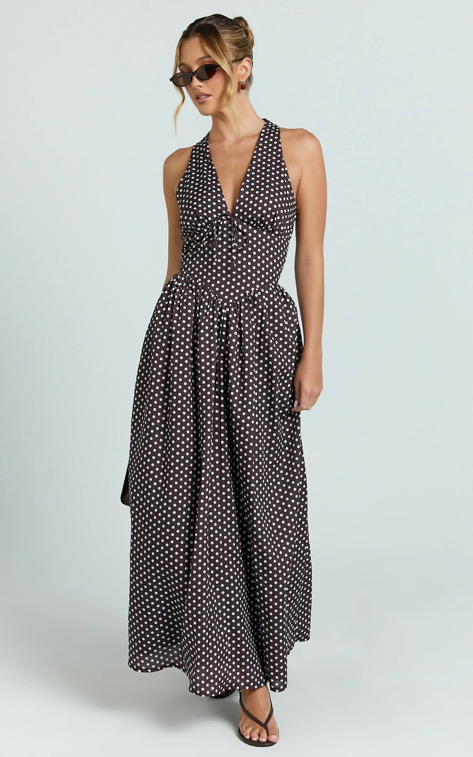 Abby Midi Dress - Neckline Dress in Chocolate Polkadot