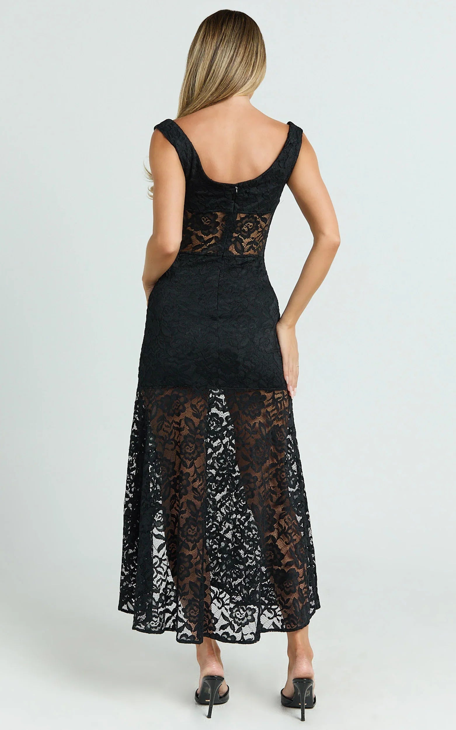 Tatum Midi Dress - Lace Off Shoulder Side Split Dress in Black