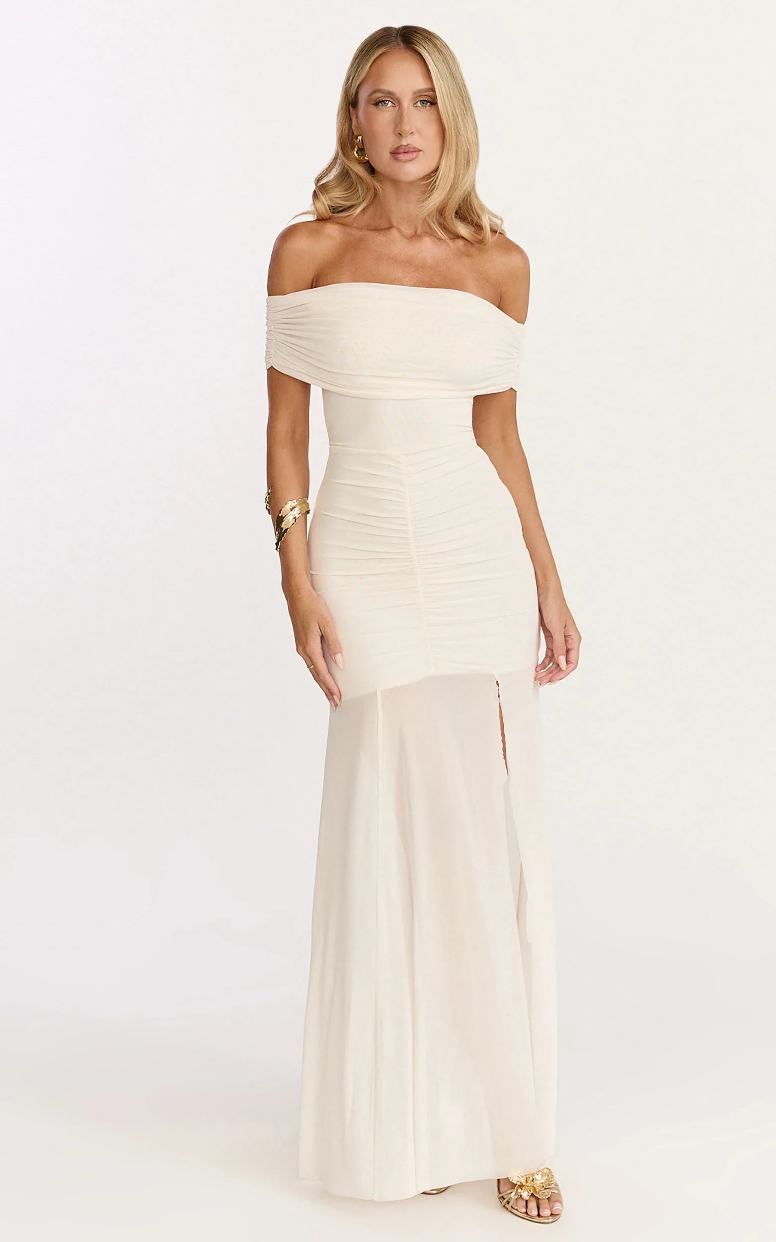 Alanna Maxi Dress - Off Shoulder Ruched Mesh Dress in Cream