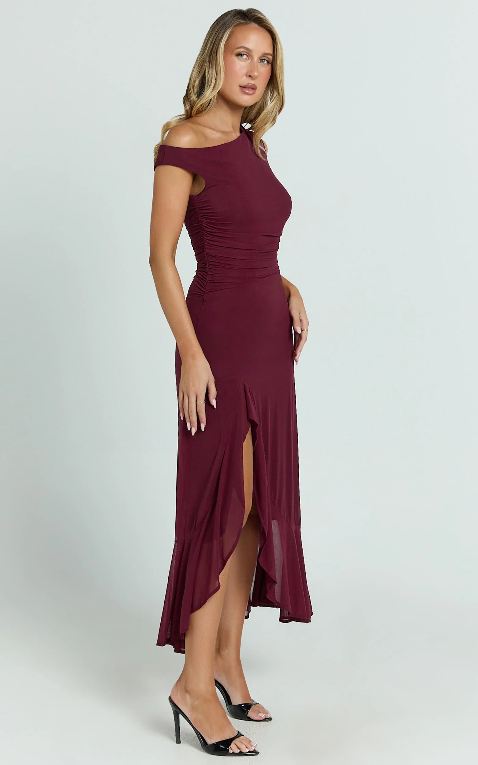 Judee Midi Dress - One Shoulder High Side Split Dress in Wine